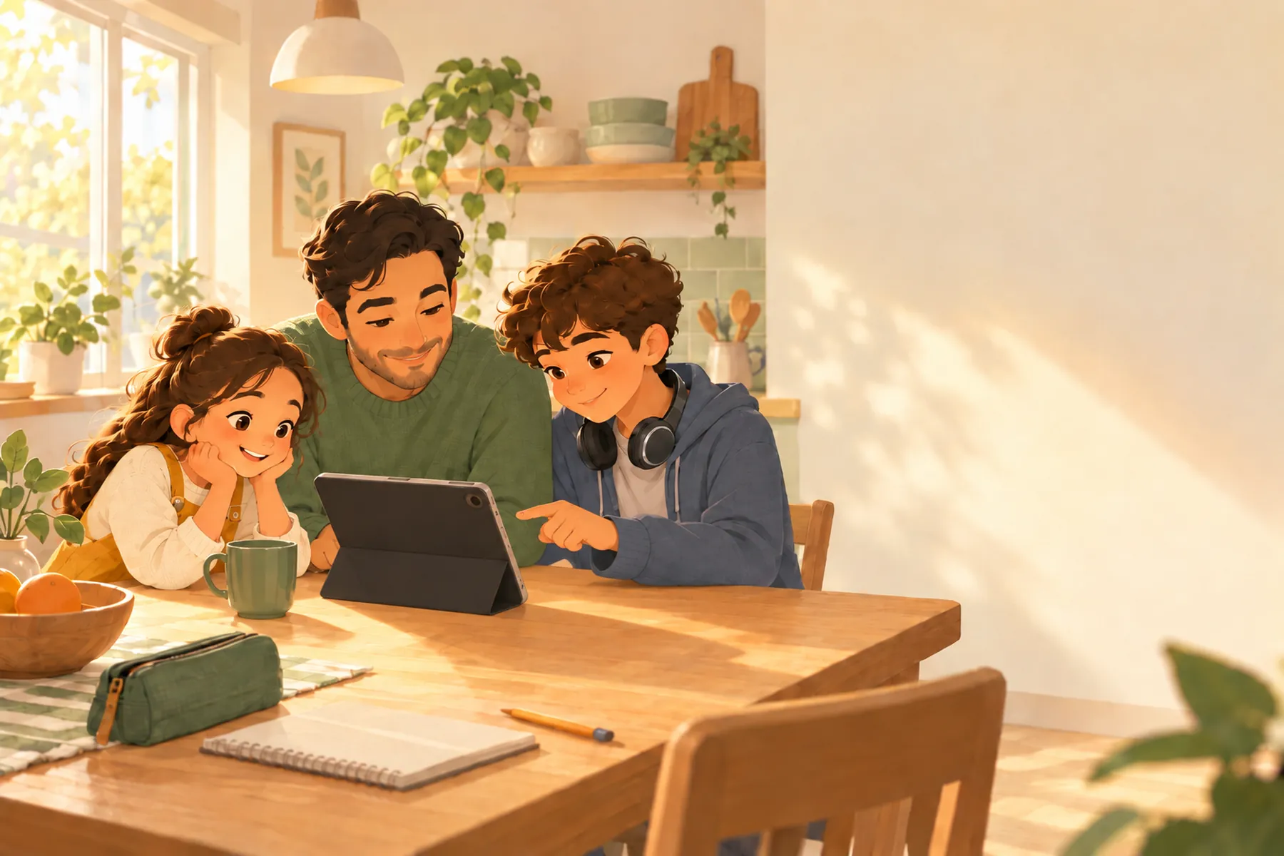 A parent and two children of different ages look at one tablet together at a kitchen table.